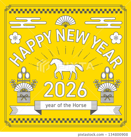 以2026年馬年為靈感的黃色方塊線條新年賀卡 134800908