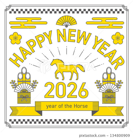 以馬年為靈感的2026年白色方形線條新年賀卡 134800909