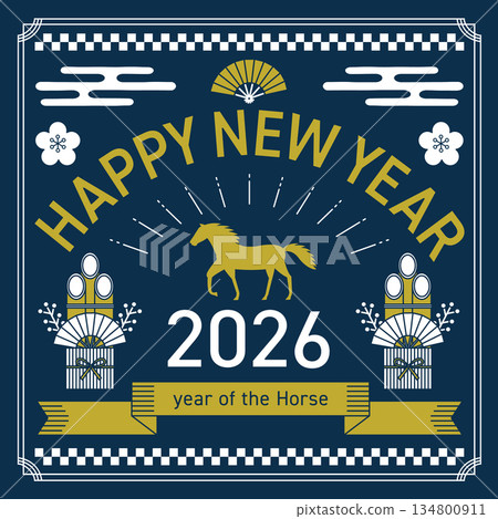 以馬年為靈感的2026年新年賀卡(藍色) 以馬年為靈感的2026年新年賀卡(藍色) 134800911