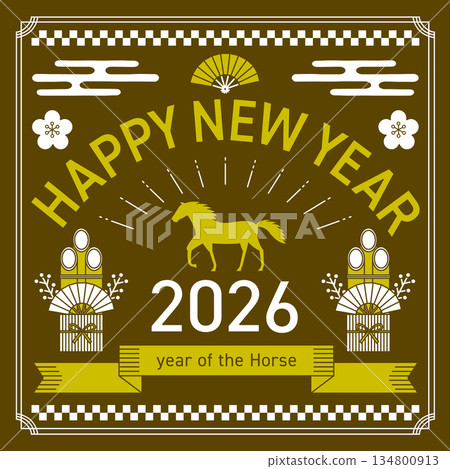 一張以2026年馬年為靈感的方形線條新年賀卡_棕色 一張以2026年馬年為靈感的方形線條新年賀卡_棕色 134800913