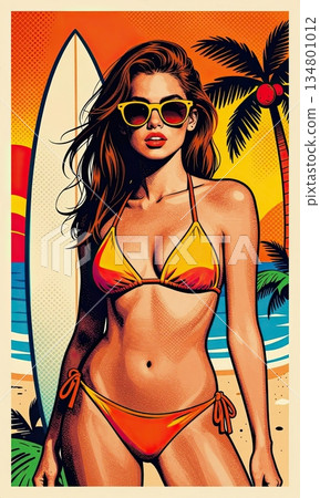 Pop Art Style Beautiful Surfer Girl Portrait with Surfboard on Tropical Beach. 134801012