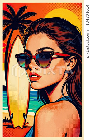 Pop Art Style Beautiful Surfer Girl Portrait with Surfboard on Tropical Beach. 134801014