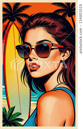 Pop Art Style Beautiful Surfer Girl Portrait with Surfboard on Tropical Beach. 134801019
