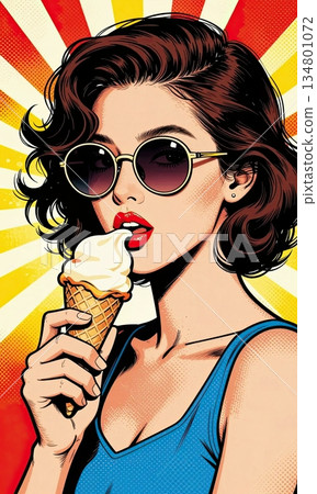 Pop Art Style Retro Woman Eating Ice Cream with Sunglasses on Colorful Rays Background. 134801072