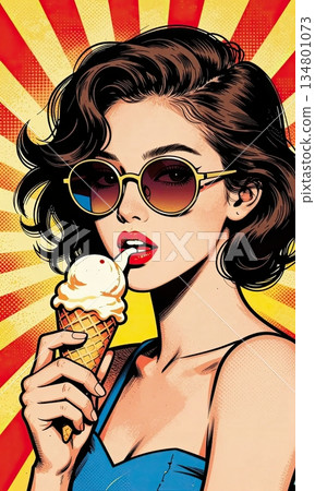 Pop Art Style Retro Woman Eating Ice Cream with Sunglasses on Colorful Rays Background. Pop Art Style Retro Woman Eating Ice Cream with Sunglasses on Colorful Rays Background. 134801073