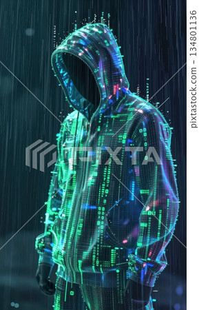 Invisible Man in Hoodie with Glowing Digital Binary Code Rain Matrix Effect. 134801136