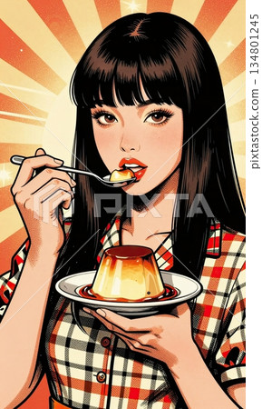 Pop Art Style Retro Woman Eating Caramel Pudding with Spoon Vector Illustration. 134801245