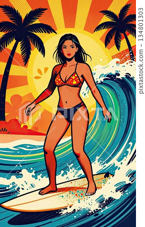 Retro Pop Art Style Surfer Girl Riding Waves with Tropical Sunset and Palm Trees Poster. 134801303