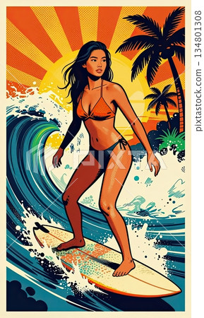Retro Pop Art Style Surfer Girl Riding Waves with Tropical Sunset and Palm Trees Poster. Retro Pop Art Style Surfer Girl Riding Waves with Tropical Sunset and Palm Trees Poster. 134801308