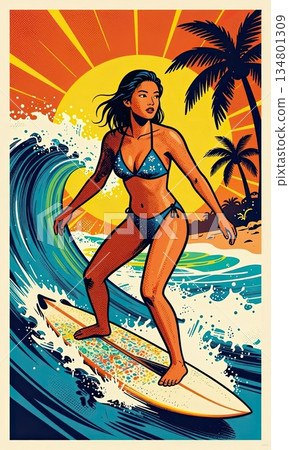 Retro Pop Art Style Surfer Girl Riding Waves with Tropical Sunset and Palm Trees Poster. 134801309