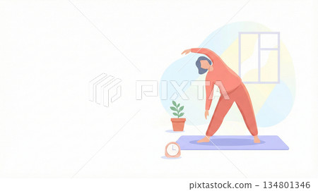 Home training - Person stretching at home - Yoga mat - Horizontal illustration with margin 134801346