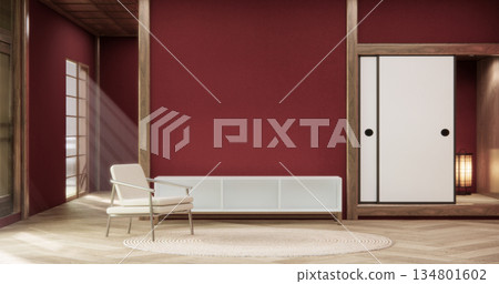 Viva magenta Living room with red wall and armchair japandi style.3D rendering Viva magenta Living room with red wall and armchair japandi style.3D rendering 134801602
