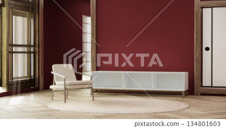 Viva magenta Living room with red wall and armchair japandi style.3D rendering 134801603