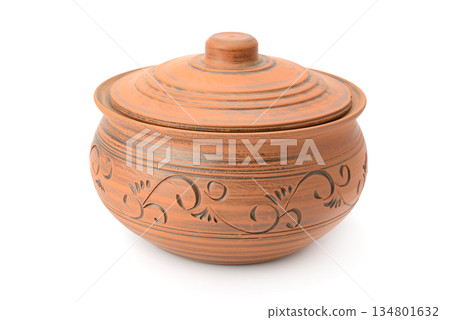 Handmade Clay Pot with Lid Isolated on White Background with Copy Space for Traditional Cookware, Rustic Kitchen Design and Craft Concepts Handmade Clay Pot with Lid Isolated on White Background with Copy Space for Traditional Cookware, Rustic Kitchen Design and Craft Concepts 134801632