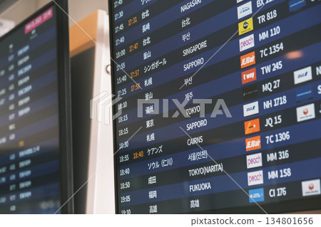 [Kansai International Airport] Flight information displayed on an electronic board 134801656