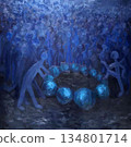 Abstract blue gathering. People silhouettes with big beads. Square beads. 134801714