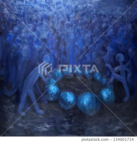 Abstract blue gathering. People silhouettes with big beads. Square beads. 134801714
