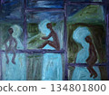 Abstract people figures or silhouettes are sitting in windows. Art painting. Abstraction. 134801800