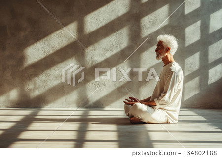 Senior man practicing yoga meditation sitting cross legged in sunny room 134802188