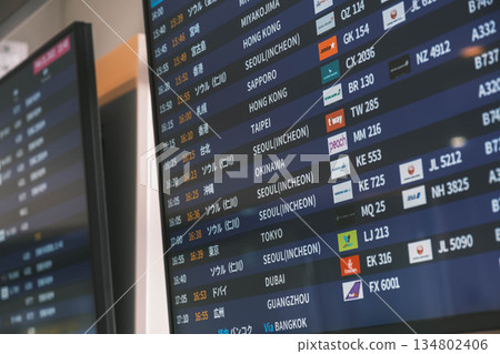 [Kansai International Airport] Flight information displayed on an electronic board 134802406