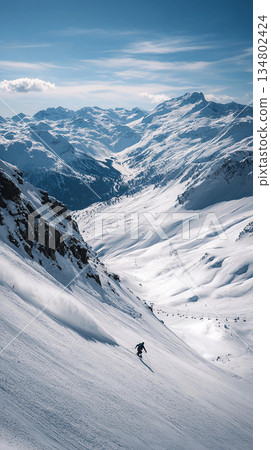 Skiers skiing down snowy mountains, Alps ski resort in winter 134802424