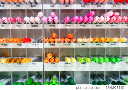 Colorful colored pens neatly arranged in a row 134803161
