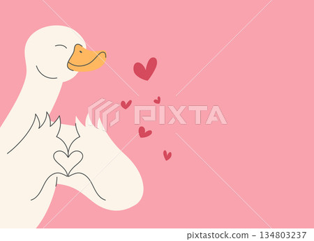 Cute hand drawn duck showing heart. Happy duck making a heart shape with wings. Vector illustration 134803237