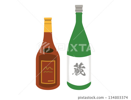 Illustration of alcohol with western and Japanese sake bottles lined up 134803374