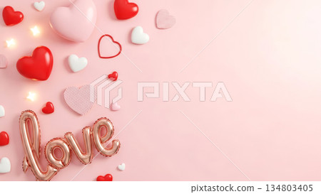 Valentines Day composition with hearts, glowing lights and rose gold love balloon. 134803405