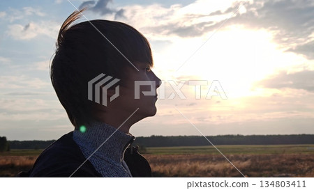 Boy silhouette profile against dramatic sunset sky. Side view silhouette of a young boy with ponytail looking at beautiful cloudy sky during sunset in open field, conveying hope and inspiration. Boy silhouette profile against dramatic sunset sky. Side view silhouette of a young boy with ponytail looking at beautiful cloudy sky during sunset in open field, conveying hope and inspiration. 134803411