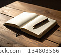 An open diary on a wooden desk 134803566