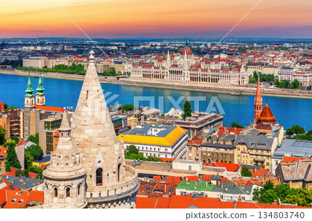 Skyline view from above on Parliament building and the Danube river, Budapest, Hungary 134803740