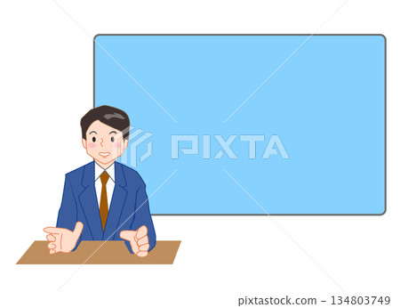 Illustration of a presenter giving an explanation with a screen in the background Illustration of a presenter giving an explanation with a screen in the background 134803749