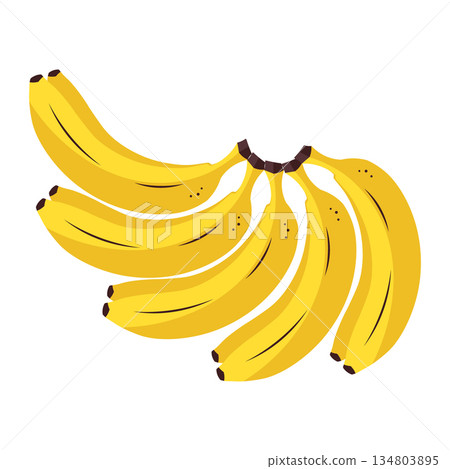 Vivid yellow banana bunch featuring seven ripe fruits with brown tips 134803895