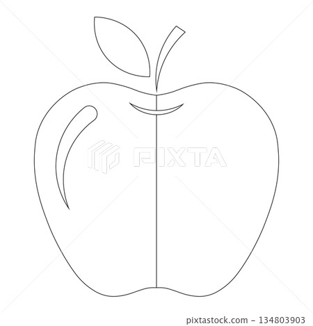 Simple black outline drawing of an apple with a leaf and stem on white Simple black outline drawing of an apple with a leaf and stem on white 134803903