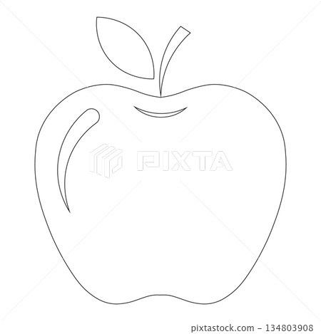 Simple black outline illustration of a single apple with leaf and stem 134803908