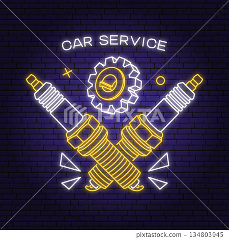 Auto service logo, emblem, badge and in neon style. Vector. For expert service car repair center, restoration with gears and spark plug. Auto repair emblem sign, night bright advertising car service 134803945