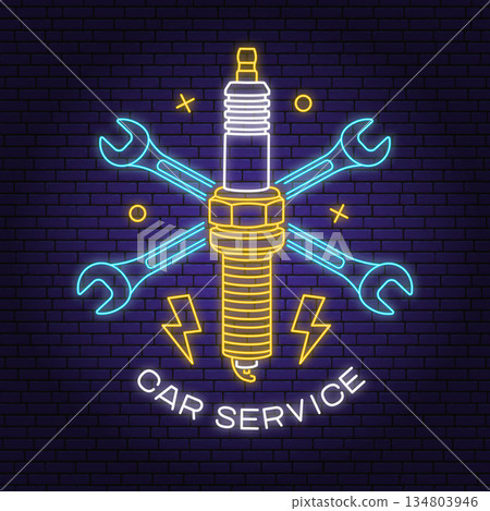 Auto service logo, emblem, badge in neon style. Vector. For expert service car repair center, restoration with wrench and spark plug. Auto repair emblem sign, night bright advertising car service 134803946