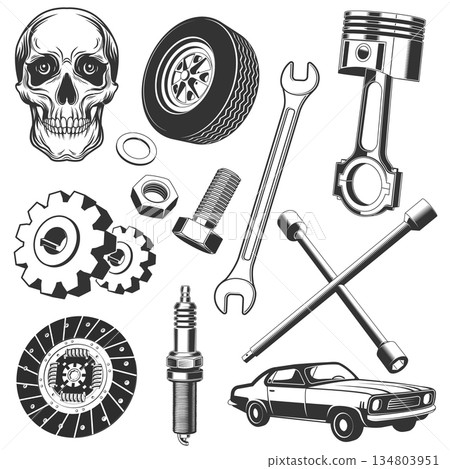 Set of black and white auto parts icons silhouette. Vector. Monochrome icon set with piston, spark plug, wheel, disk clutch, wrench, gears, car parts clip art Set of black and white auto parts icons silhouette. Vector. Monochrome icon set with piston, spark plug, wheel, disk clutch, wrench, gears, car parts clip art 134803951