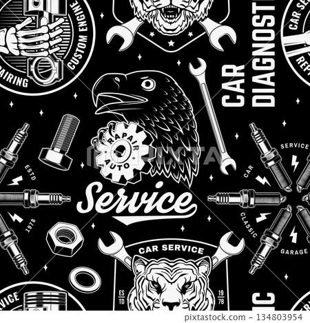 Auto service seamless pattern or background. Vector. Wallpaper design for expert service car repair center, restoration and car club with wrench, gears, spark plug, skull, automobile tools pistons Auto service seamless pattern or background. Vector. Wallpaper design for expert service car repair center, restoration and car club with wrench, gears, spark plug, skull, automobile tools pistons 134803954