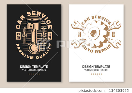 Auto service flyer, brochure, banner, poster. Vector. For expert service car repair center, restoration and car club with wrench, gears, spark plug, automobile tools pistons silhouette Auto service flyer, brochure, banner, poster. Vector. For expert service car repair center, restoration and car club with wrench, gears, spark plug, automobile tools pistons silhouette 134803955