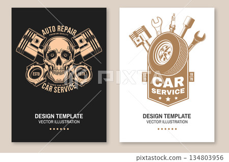 Auto service flyer, brochure, banner, poster. Vector. For expert service car repair center, restoration and car club with wrench, gears, spark plug, skull, automobile tools pistons silhouette Auto service flyer, brochure, banner, poster. Vector. For expert service car repair center, restoration and car club with wrench, gears, spark plug, skull, automobile tools pistons silhouette 134803956