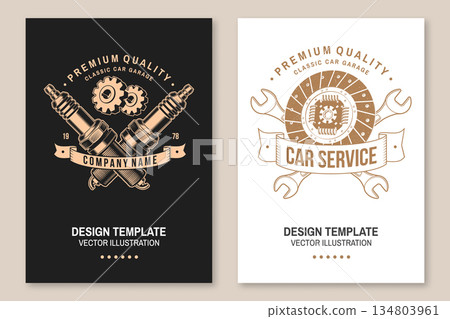 Auto service flyer, brochure, banner, poster. Vector. For expert service car repair center, restoration and car club with wrench, vehicle clutch, automobile spark plug silhouette Auto service flyer, brochure, banner, poster. Vector. For expert service car repair center, restoration and car club with wrench, vehicle clutch, automobile spark plug silhouette 134803961
