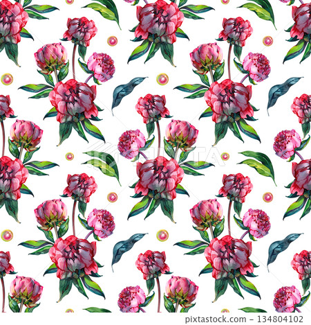 Seamless watercolor floral pattern featuring lush pink peonies and green leaves. Hand painted romantic botanical repeat perfect for textiles, wallpaper, wedding stationery, packaging and surface Seamless watercolor floral pattern featuring lush pink peonies and green leaves. Hand painted romantic botanical repeat perfect for textiles, wallpaper, wedding stationery, packaging and surface 134804102