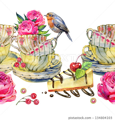 Hand painted watercolor seamless border in a summer cottagecore style featuring vintage teacups with blooming pink roses, small songbird, berries and dessert. Perfect for romantic designs, stationery Hand painted watercolor seamless border in a summer cottagecore style featuring vintage teacups with blooming pink roses, small songbird, berries and dessert. Perfect for romantic designs, stationery 134804103