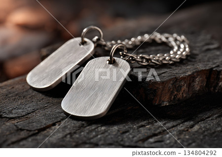 Soldier dog tags rest on rugged wooden background, symbolizing military identity and service with sense of honor and remembrance 134804292