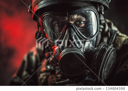 Cbrn soldier wearing gas mask stares intensely through clear visor in dramatic red light protective gear military concept 134804398