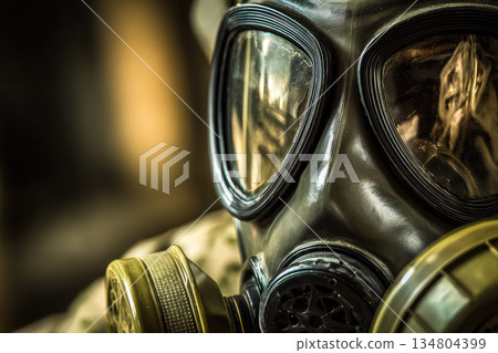 Gas mask soldier close up reflective protective gear military extreme safety mask survival intense expression yellow black equipment preparedness emergency defense tactical face eye filter 134804399