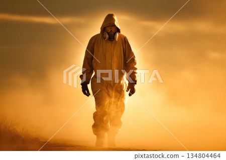 Male scientist in yellow biohazard suit walking through toxic smoke while feeling determined to combat outbreak in desolate wasteland 134804464