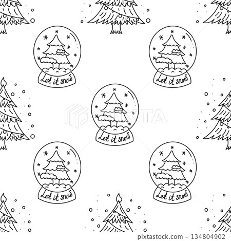 Doodle pattern of Christmas glass snow globes with christmas tree in black and white style Doodle pattern of Christmas glass snow globes with christmas tree in black and white style 134804902